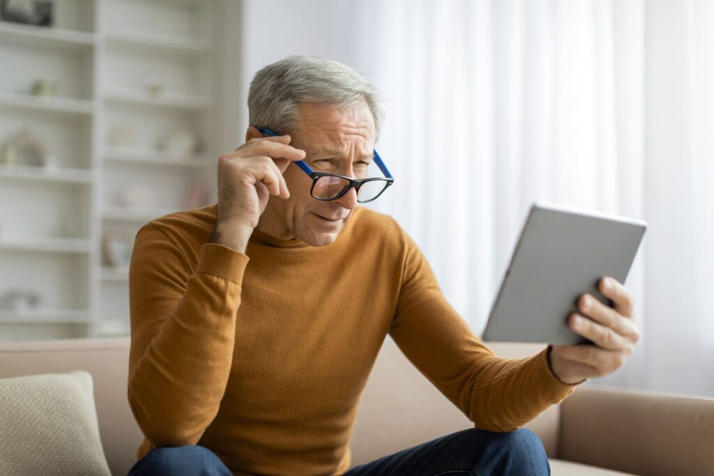 An older man wearing a brown sweater adjusts his glasses while reading a tablet, illustrating the challenges of managing age-related macular degeneration (AMD).