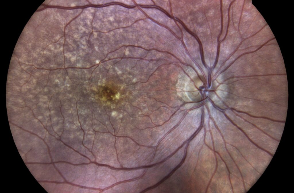 A retinal scan of an eyeball showing AMD